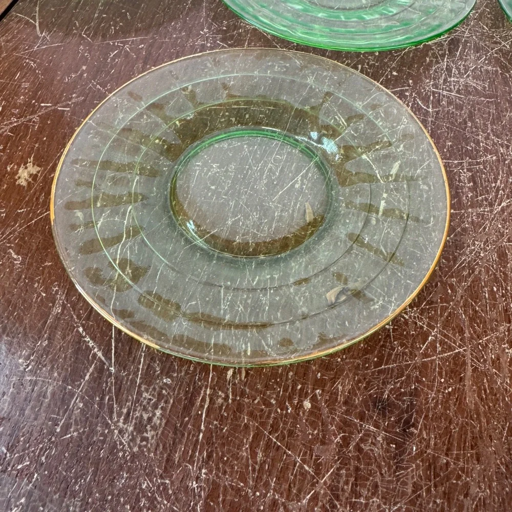 Set of 6 Vaseline Uranium Vintage Glass Saucers Gold Rimmed Dessert Small Plates